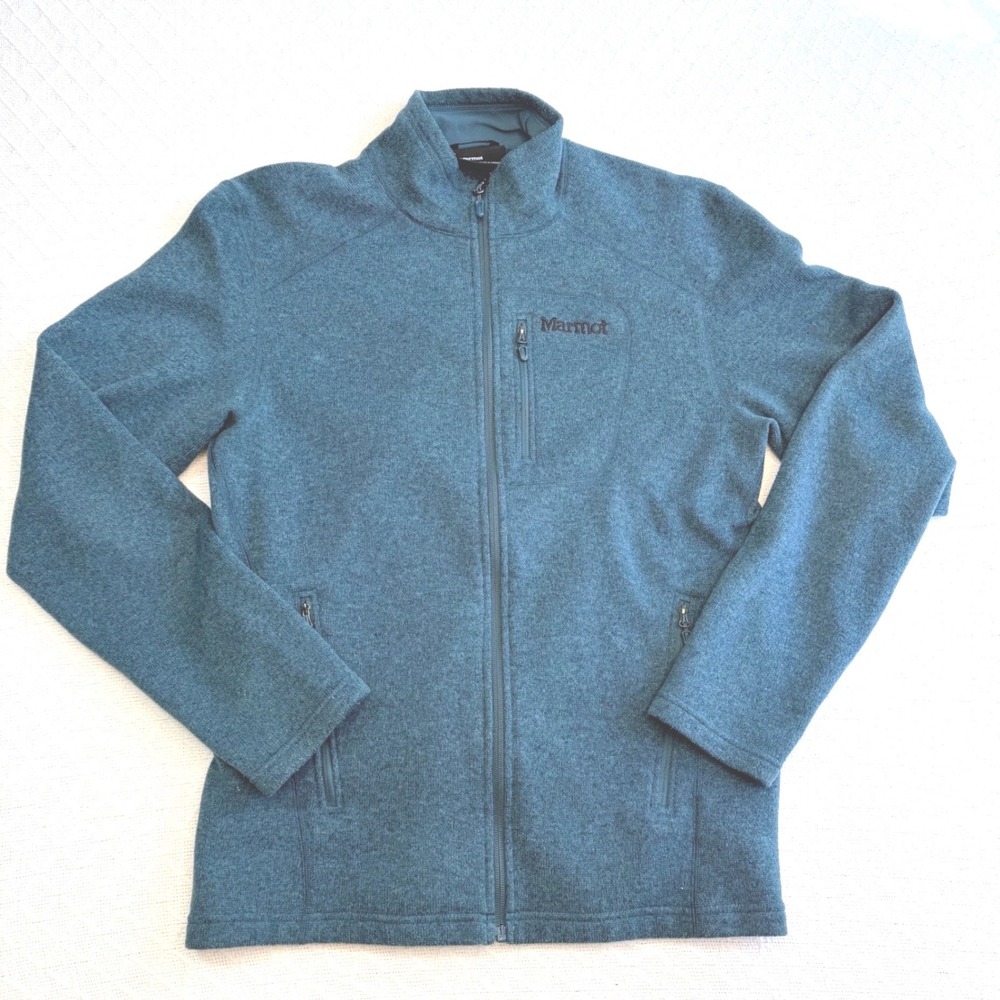 Marmot Mens Large Teal Heathered Sweater Fleece Full Zip Jacket Pockets